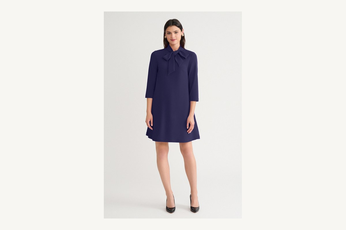 Ming Wang stretch deco crepe tie neck tent dress in indigo