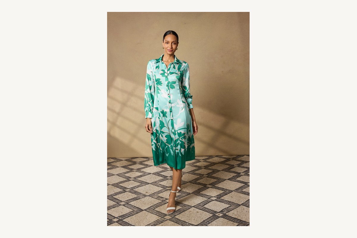 Ming Wang floral printed crepe de chine maxi shirt dress